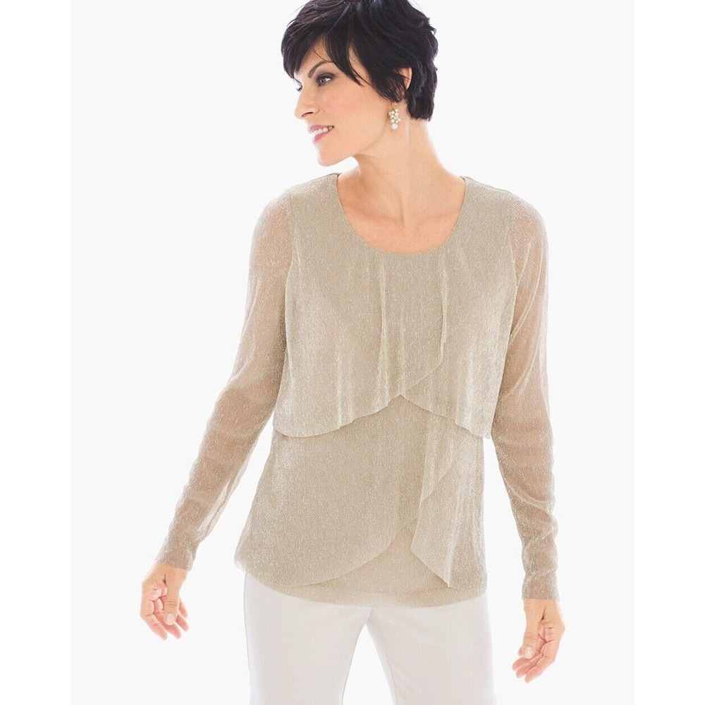 Chico's Tan Glitter Metallic Knit Shimmer Long Sleeve Tiered Top Woman Sz 1 MD